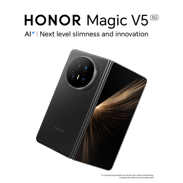 HONOR Magic V5 5G AI Next level slimness and innovation * Le immagini dei prodotti sono fornite solo a titolo di riferimento, si prega di fare riferimento ai prodotti reali. 