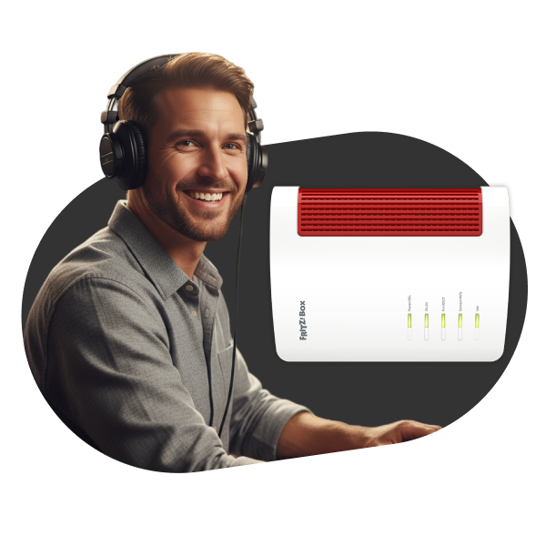 ragazzo in cuffia contento per le funzionalita del Modem FRITZ wi fi 7