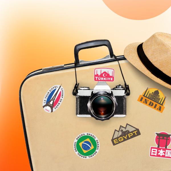 valigia con macchina fotografica - adesivi paesi - travel pass
