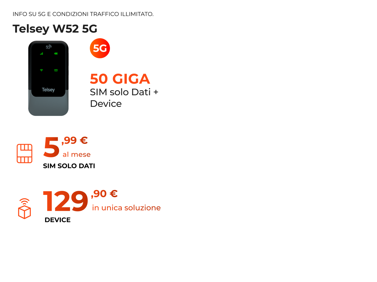 Telsey W52 5G- 50 Giga - Sim Dati 5,99 € al mese - Device 129,90 €